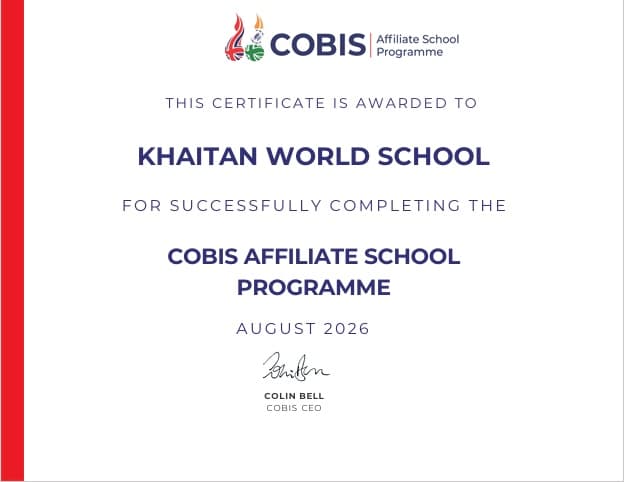 COBIS certificate awarding Khaitan World School completion of the COBIS Affiliate School Programme, August 2026
