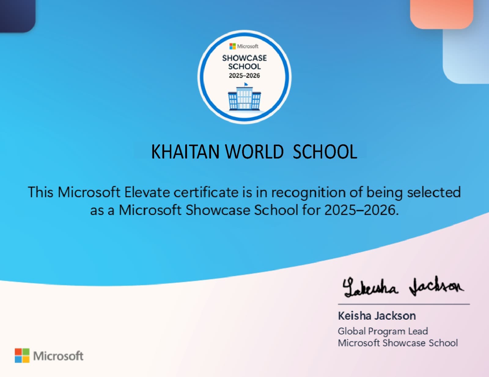 Microsoft Elevate certificate recognising Khaitan World School as a Microsoft Showcase School for 2025-26