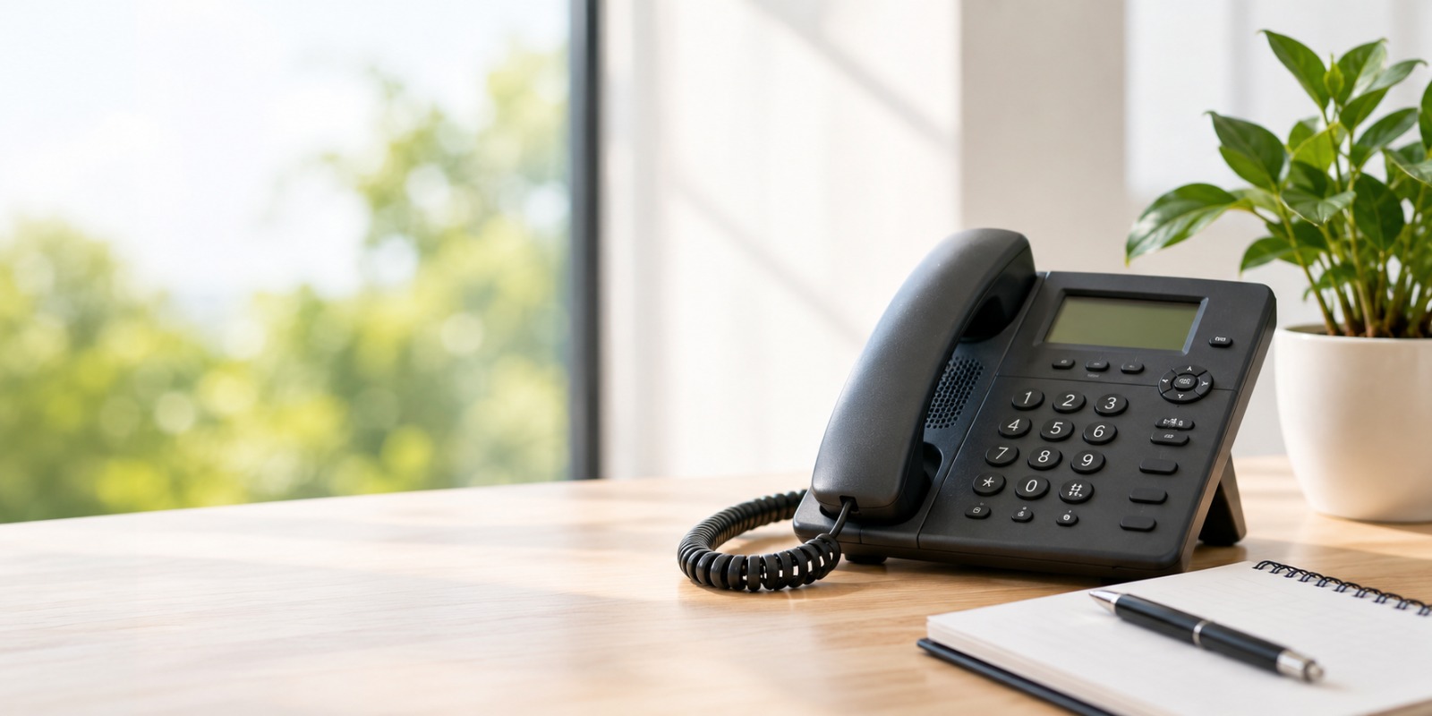 A desk telephone and notepad by a window at Khaitan World School