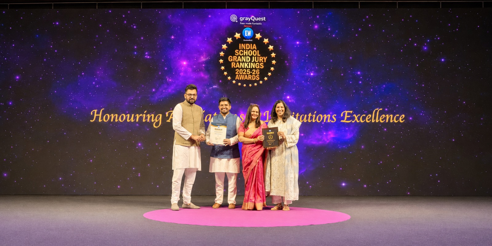KWS receiving the Education World India School Grand Jury Rankings 2025-26 award on stage